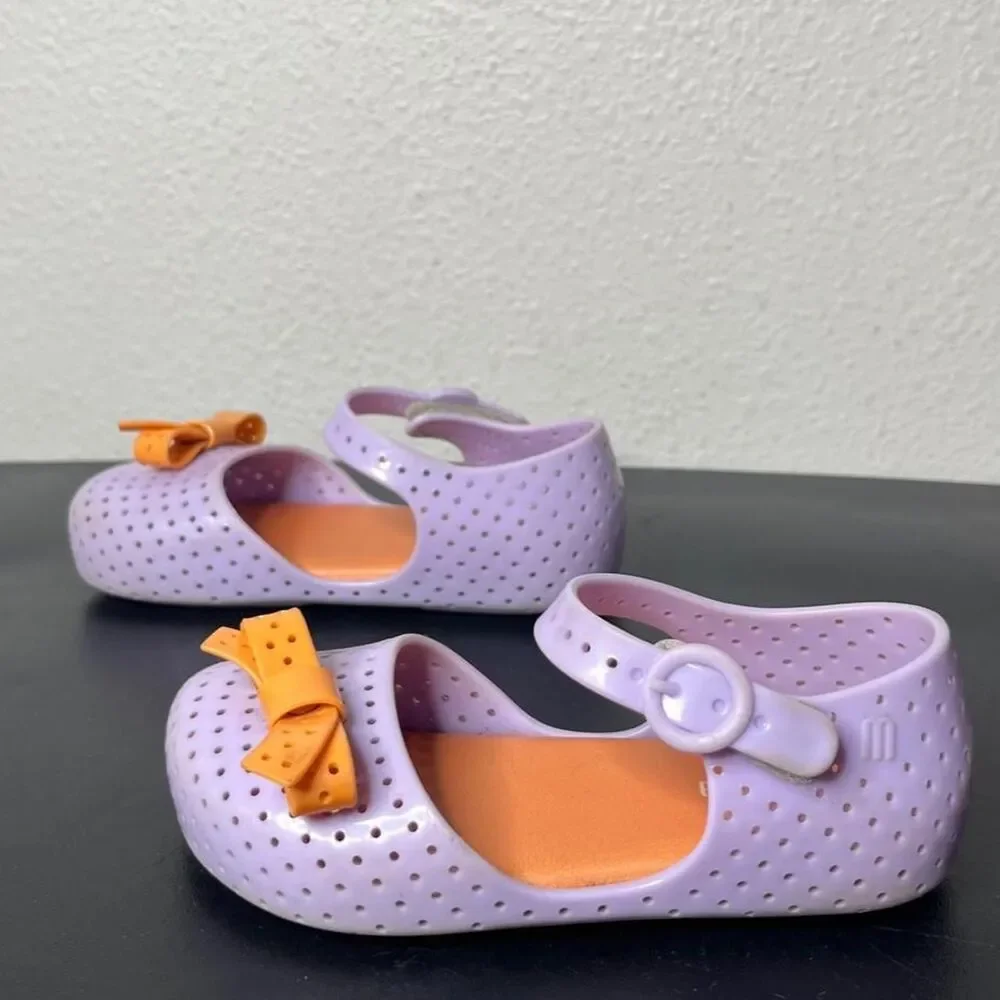 Mini Melissa Purple Orange Bow Tie Perforated Jelly Mary Jane Sandals